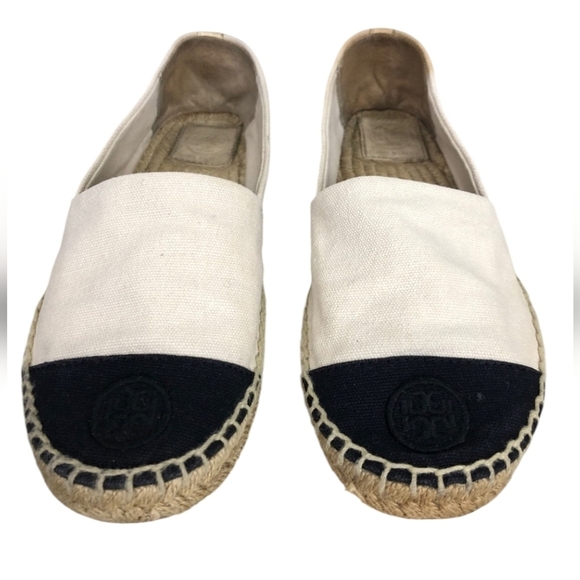 Tory Burch Black and Cream Canvas Espadrilles